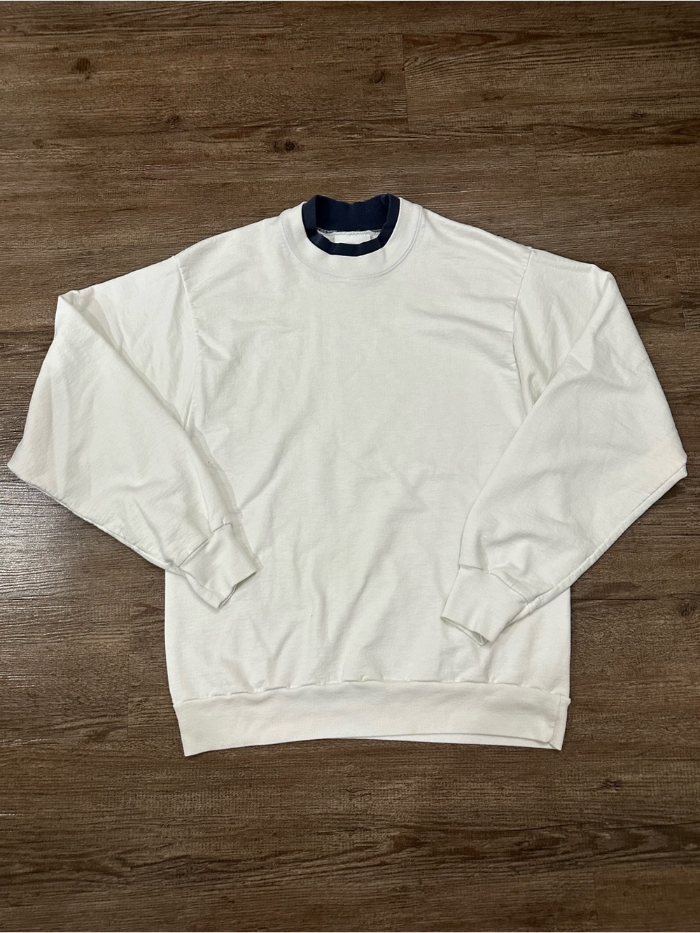 Vintage White Crewneck Sweater with Navy Contrast Collar